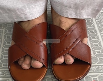 Handmade Leather Cross-Strap Sandals: Men's Open Toe Summer Slides