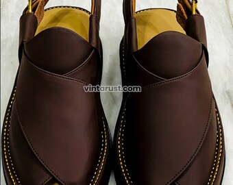 Handmade Leather Peshawar Chappal: Dark Brown Tribal Sandals Handmade Leather Peshawar Chappal: Dark Brown Tribal Sandals  main image 2