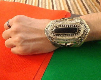 Manchette tribale afghane en pierre, bracelet manchette ethnique afghan, bijoux afghans faits main, bracelet manchette Kuchi, bijoux afghans, manchette bohème