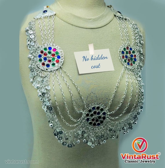 Multilayers Silver Bib Necklace With Dangling Tas… - image 6