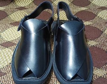 Handmade Black Leather Peshawari Chappal Sandals: Men's Tribal Footwear