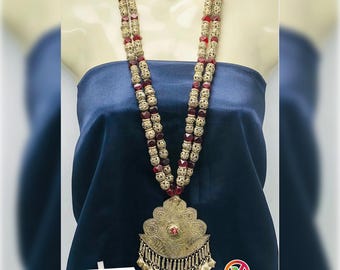 Vintage Tribal Pendant Necklace: Metal, Glass Stones, Long Beaded Chain