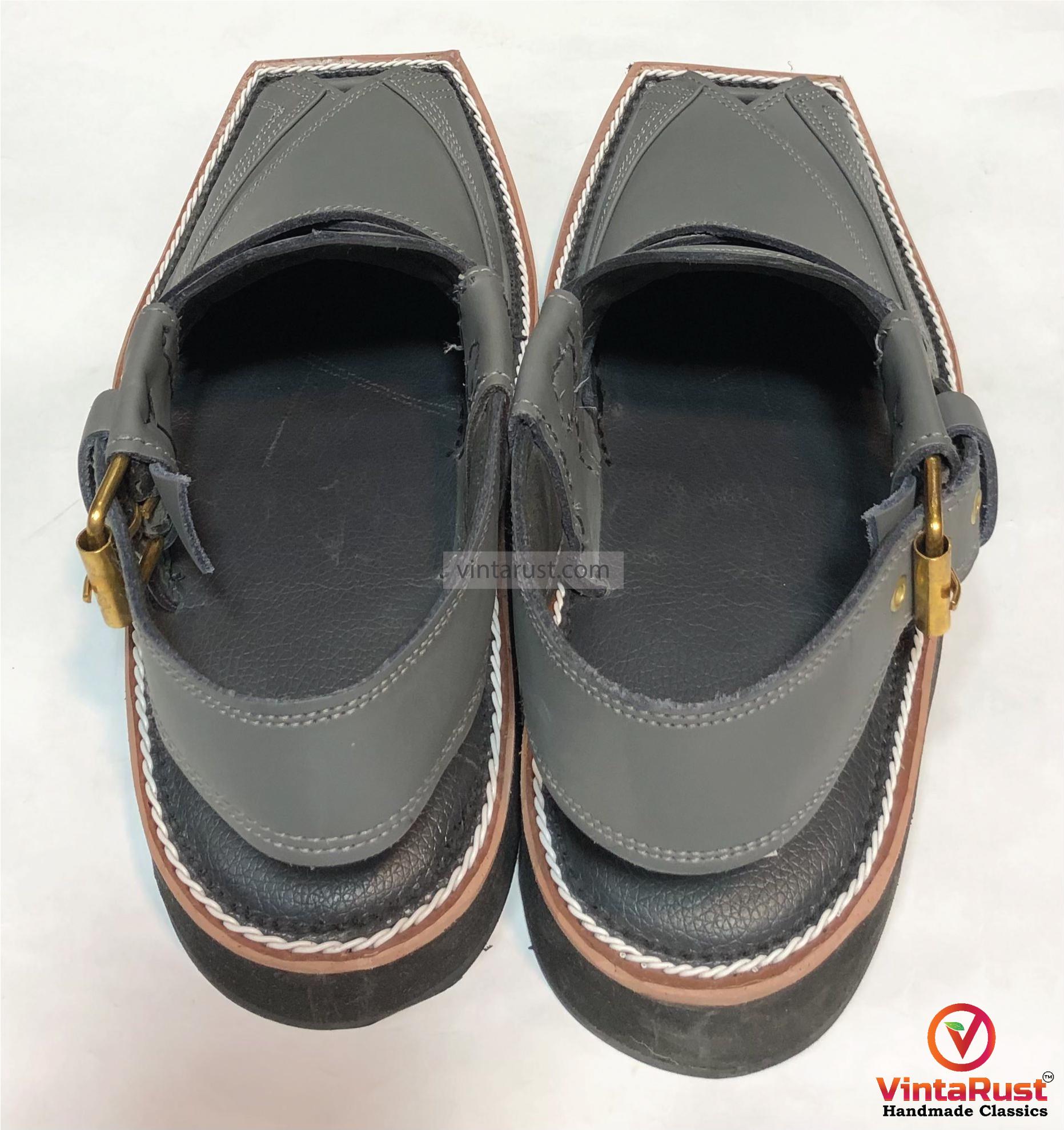 Dark Grey Leather Footwear: Authentic Handmade Gents Peshawari Chappal Step into comfort and durability with our Black Peshawari  main image 2