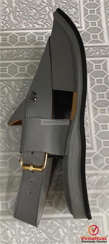 Grey Leather Kaptaan Chappal, Grey Suede Sandals For Gents, Handmade Premium Premium Quality Special Grey Leather Kaptaan Chappal (Pre Order) main image 2