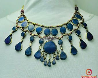 Lapis Lazuli Afghan Bib Necklace: Ethnic Teardrop Jewelry