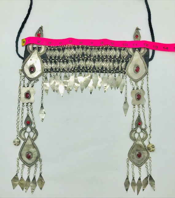 Vintage Turkmen Silver Kuchi Headpiece: Tribal Tassel Hair  display picture 1