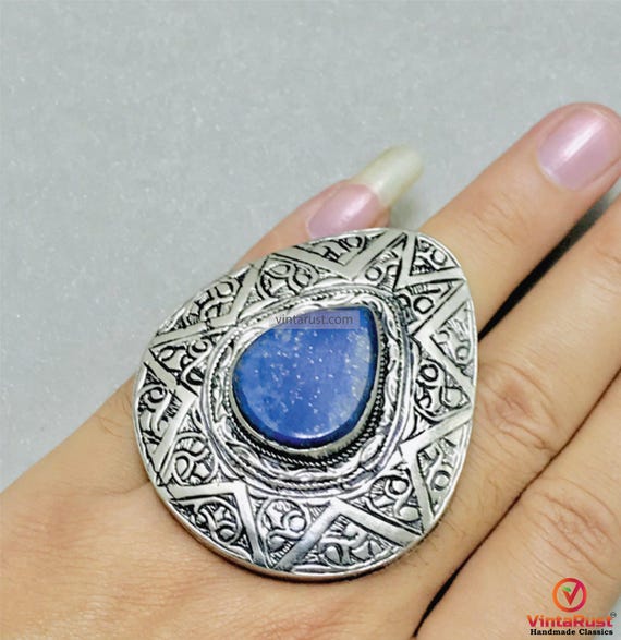 Handmade Silver Boho Ring: Adjustable Lapis Lazul… - image 1