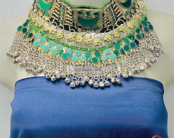 Green Handmade Choker Necklace: Afghan Tribal Bells Kuchi Jewelry
