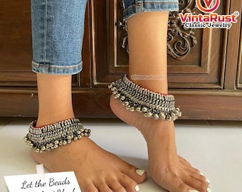 Vintage Anklets, Handmade Tribal Anklets, Vintage Afghan Kuchi Anklets, Pair Anklets With Bells, Body Jewelry, Afghan Anklets, AV-02