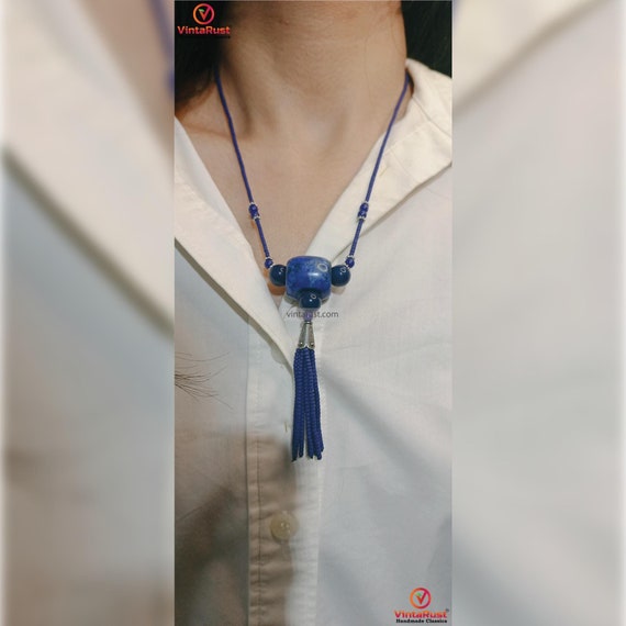 Collana In Pietra Naturale Lapislazzuli Blu Lunga 18 Pollici - Perline Rotonde, Argento Placcato