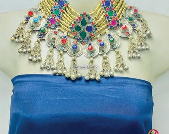 Handmade Statement Kuchi Necklace: Multicolor Glass Stones, Silver Long Dangling Bells Jewelry
