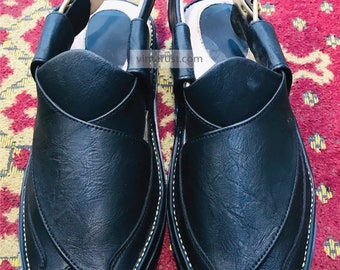 Handmade Black Leather Peshawari Chappal: Kaptaan Style Sandal