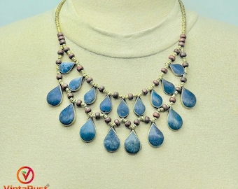 Lapis Lazuli Choker Necklace: Tribal Beaded Teardrop Pendant