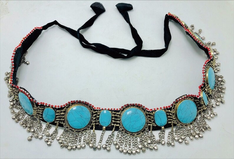 Handmade Kuchi Belt: Turquoise Stones, Bells, Boho Belly Dance Jewelry Handmade Kuchi Stones Belt With Silver Bells – Vintarust main image 2