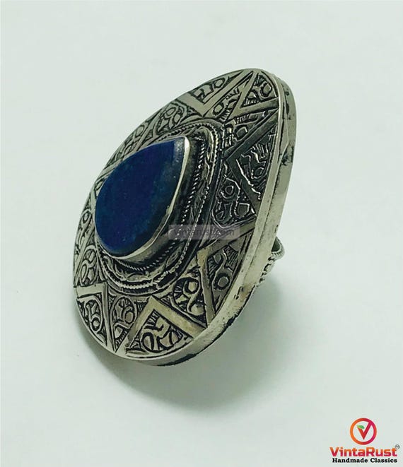 Handmade Silver Boho Ring: Adjustable Lapis Lazul… - image 3
