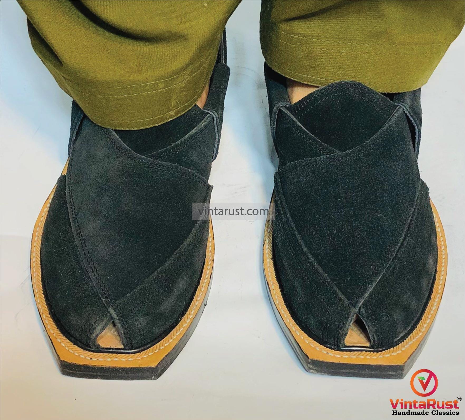 Authentic Peshawari Chappal for Men, Black Suede Handmade Footwear Handmade Black Suede Peshawari Chappal: Men main image 3