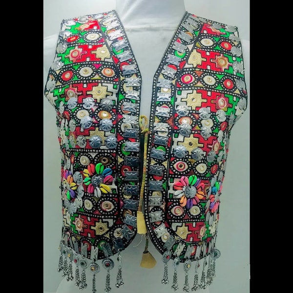 Afghan Vest, Multicolor Handmade Embroidered Vest With Silver Motifs and Shells, Vest For Both Men and Women, Afghan Vest With Small Bells