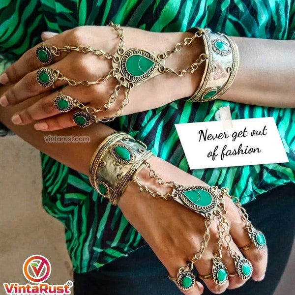Vintage Green Stone Slave Bracelet, Bracelet with Rings, Tribal Slave Bracelet, Ethnic Bracelet, Boho Jewelry, Gift For Her