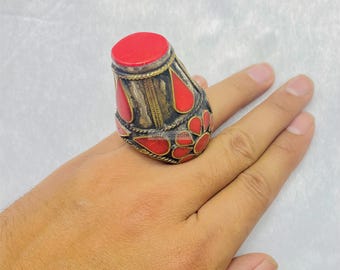 Vintage Kuchi Afghan Ring: Red Handmade Tribal Jewelry