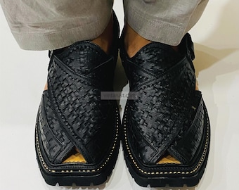 Handmade Leather Peshawari Chappal Sandals - Woven Design