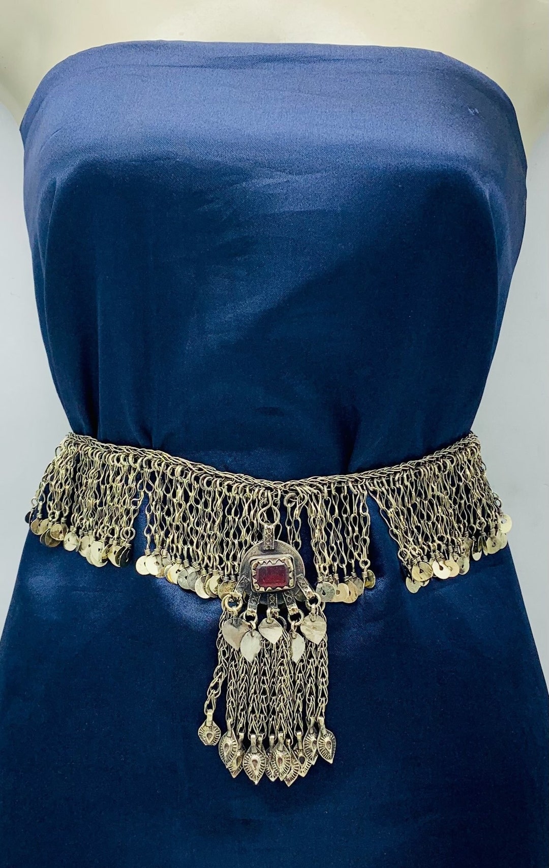 Tribal Silver Kuchi Belly Belt, Gypsy Tassel Belly Chain Amazon.com: Handcrafted Womens Fashion Belt | Metal Link  main image 3