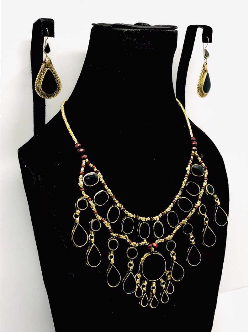 Tribal Black Stones Necklace With Earrings, Ethnic Handmade Jewelry Set, Afghan Jewelry Set, Gift For Her, Afghan Jewelry