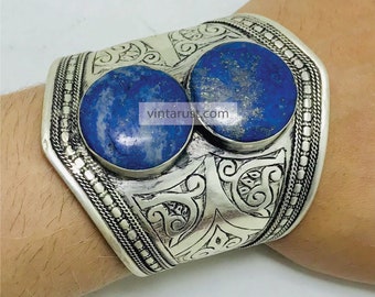 Lapis Lazuli Kuchi Cuff Bracelet: Afghan Tribal Gemstone Jewelry