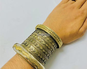 Afghan Boho Cuff Bracelet: Golden Hinged Design, Traditional Jewelry