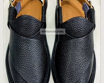 Handmade Black Leather Peshawari Chappal: Traditional Kaptaan Sandal