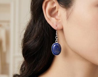 Lapis Lazuli Oval Dangle Earrings: Ethnic Statement Gemstone Earrings