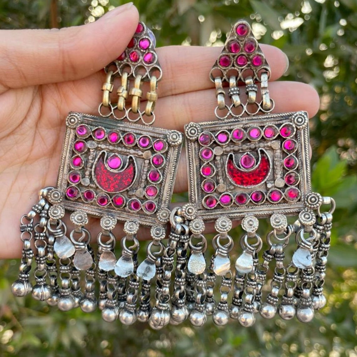 Vintage Afghan Oversized Earrings Afghan Earrings With Glass Etsy