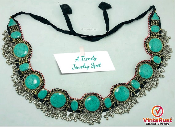 Afghan Kuchi Belt: Vintage Tribal Silver Bells, Green Stones Afghan Kuchi Green Stones Belt With Silver Bells, Tribal  main image 4