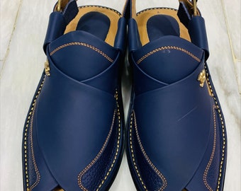 Traditional Handmade Leather Men's Peshawari Chappal, Semi Formal Sandals For Men, Blue Leather Shoes, Foot Wear, Traditional Sandals