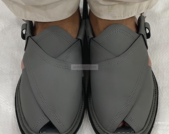 Dark Grey Leather Footwear: Authentic Handmade Gents Peshawari Chappal Dark Grey Leather Footwear: Authentic Handmade Gents  main image 2