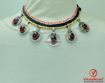 Tribal Glass Stone Embedded Coins Necklace: Statement Kuchi Handmade Choker