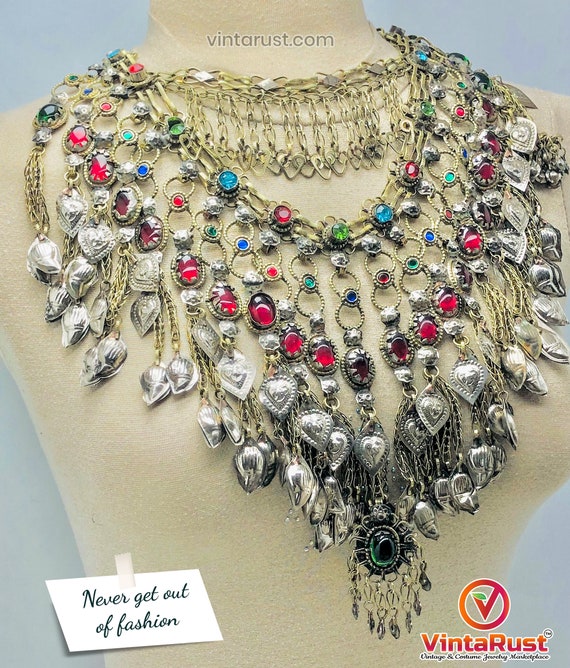 Kuchi Big Choker Necklace With Multicolor Glass Stones Boho Choker Necklace With Long Tassels Silver Kuchi Necklace Vintage Jewelry Etsy