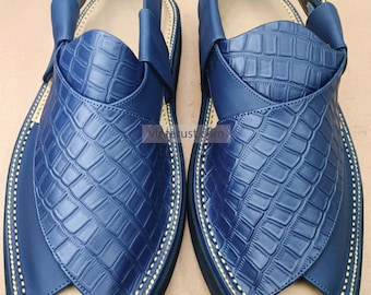 Blue Leather Sandals, Handmade Peshawari Chappal, Traditional Leather Blue Sandals For Men, Comfortable and Stylish Gents Shoes, Foot Wear
