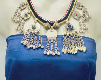 Kuchi Tribal Boho Necklace: Statement Choker with Coins, Colorful Stones and Bells