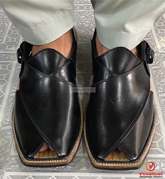 Black Leather Peshawari Chappal: Handmade Gents Sandals - Etsy display picture 2