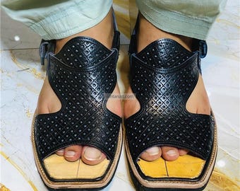 Black Leather Tribal Peshawari Chappal: Traditional Handmade Men’s Footwear