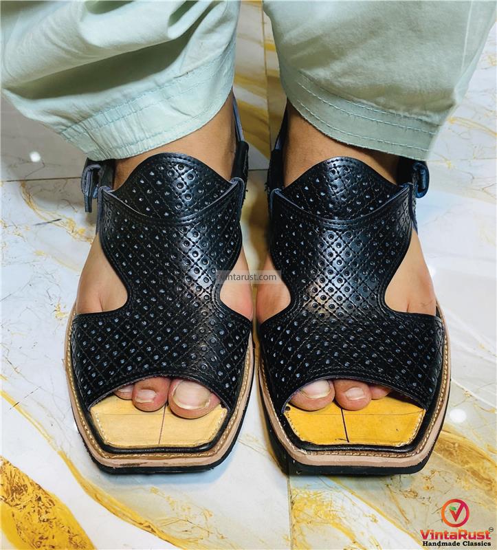 Handmade Black Leather Peshawari Chappal Sandals: Men\'s Tribal Footwear Men main image 4