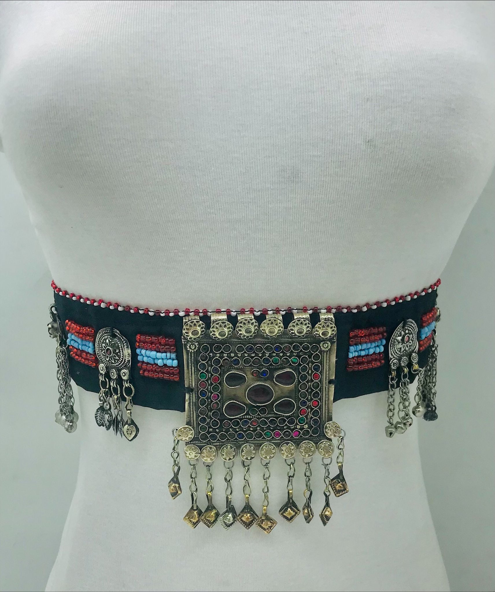 Handmade Kuchi Belly Dance Belt: Vintage Coins & Glass Beads 