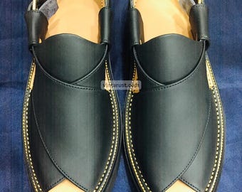 Handmade Black Leather Peshawari Chappal Sandals