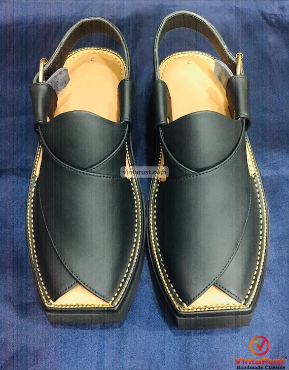Classic Black Leather Peshawari Chappal, Genuine Handmade Peshawari Chappal Amazon.com | Handmade Peshawari Chappal, Shinny Black  main image 4