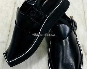 Handmade Leather Peshawari Sandal: Traditional Black Kaptaan Chappal