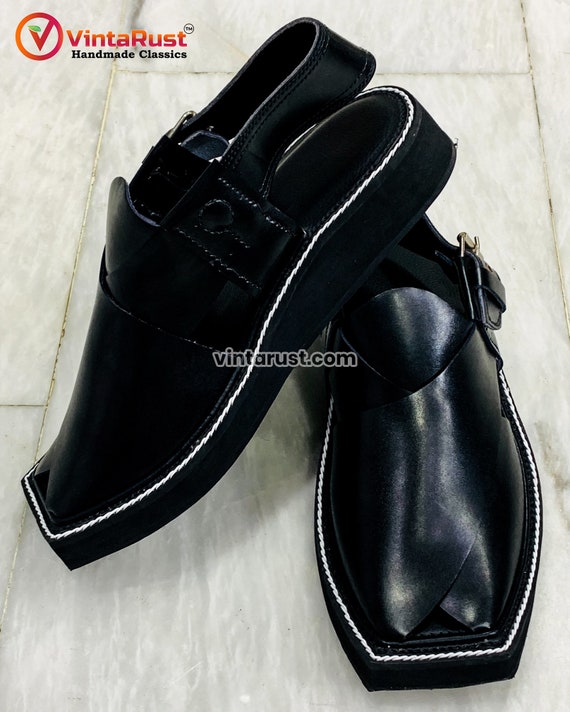 Peshawari Handmade Black Leather Charsaddah Chappal Pakistan‎ Sandal Size 7 Amazon.com | Handmade Soft Black Leather Peshawari Chappal  main image 4