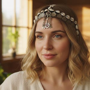 May include: A woman with blonde hair wearing a decorative headpiece with shells and metal accents. The headpiece is adorned with small shells and circular metal pieces. The woman is wearing a cream-colored top, and the background features a window and wooden paneling.