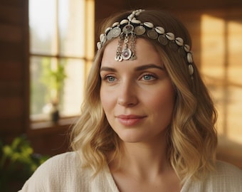 Bohemian Head Chain: Tribal Coin & Shell Headpiece, Gypsy Festival Hair Jewelry for Women