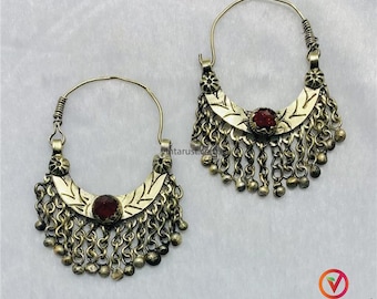 Vintage Afghan Kuchi Hoop Earrings with Red Stone: Tribal Boho Dangle Earrings