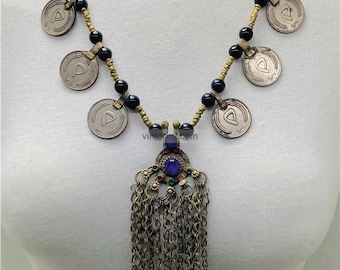 Coins and Beads Chain Necklace: Tribal Handmade Afghan Pendant